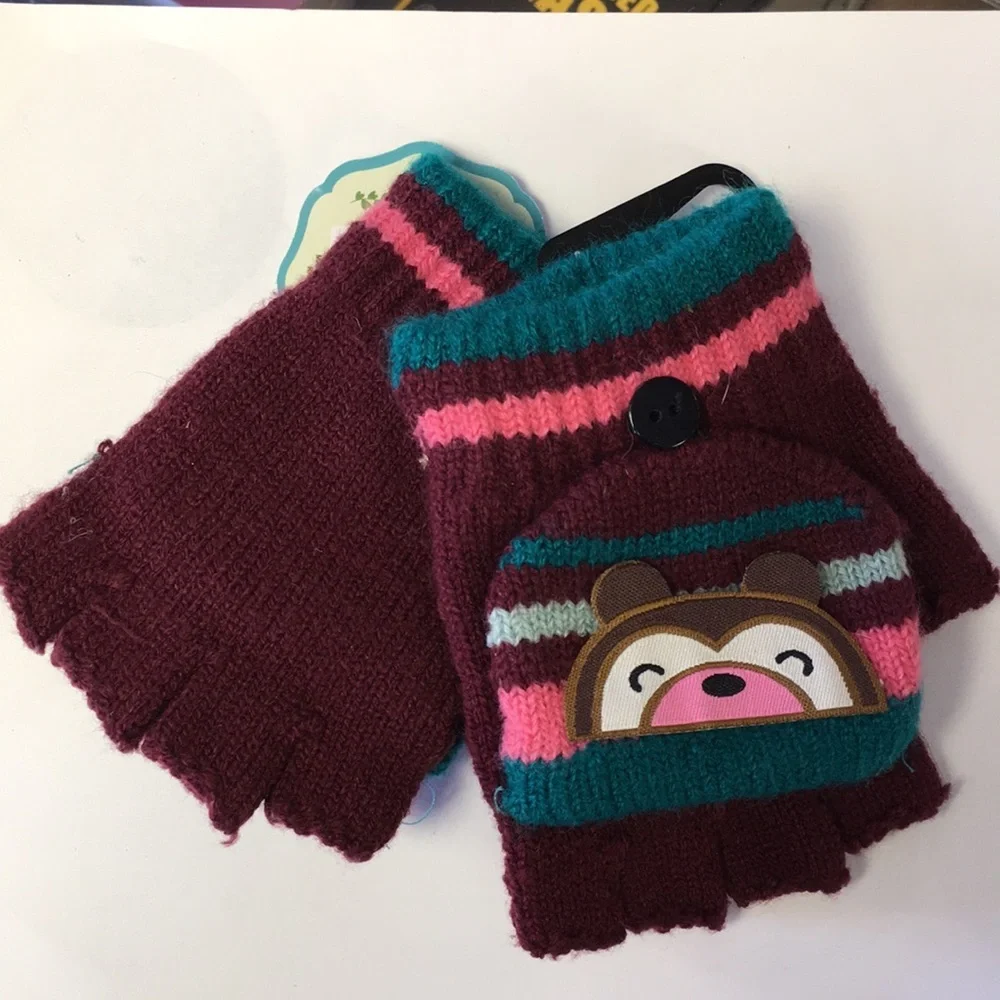 Foemo Toddler Knitted Fingerless Gloves- Green/Burgundy- Size: 5-8yrs
